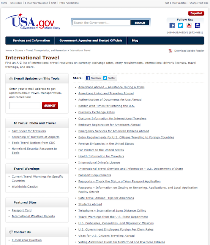 A USA.gov webpage titled "International Travel" offering resources on currency exchange, entry requirements, driver’s licenses, and travel warnings. Sections include in-focus topics like Ebola and travel, featured sites like Passport Card, and a contact option, with a search bar and social media links.