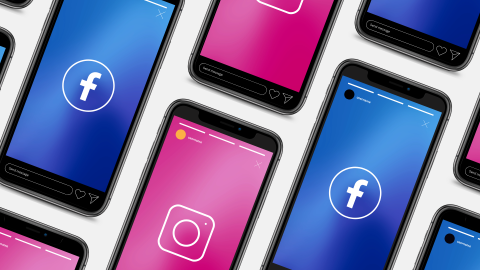 Tiled mobile phones with Facebook and Instagram logos on them.