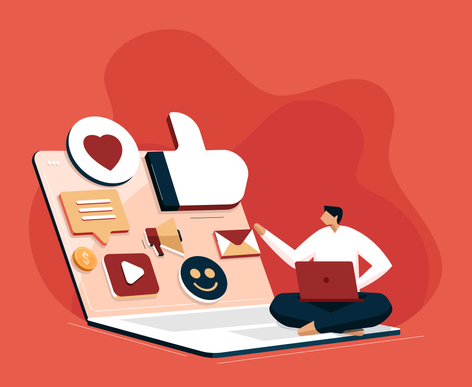 A cartoon person sits on a laptop with a laptop looking at user experience, content design, and other design-driven icons.