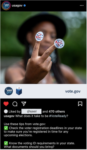 USAGov post on Instagram on National Voter Registration Day featuring a woman holding up two "My Vote Counts" stickers.