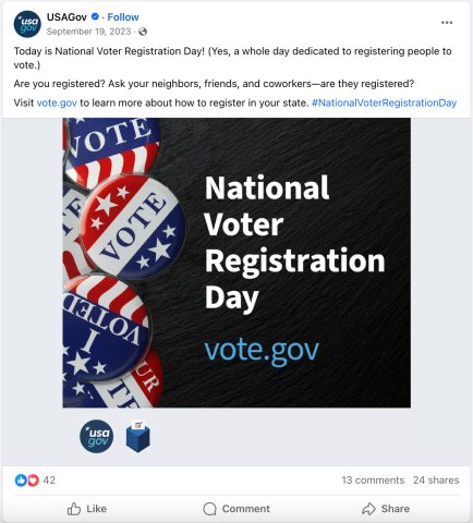 USAGov post on Facebook about National Voter Registration Day featuring a pile of "VOTE" pins.