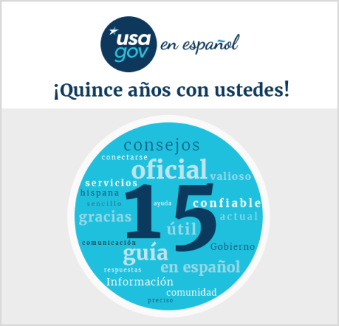 A banner with a USA.gov en español logo, celebrating "¡Quince años con ustedes!"