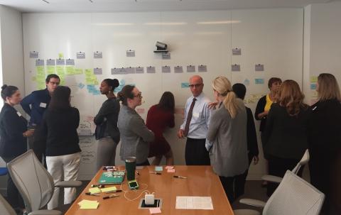 A group of people standing around a table and a whiteboard in a meeting room, discussing with sticky notes and markers. The table has notebooks, a coffee cup, and a phone, while the whiteboard displays a project timeline with colored notes.